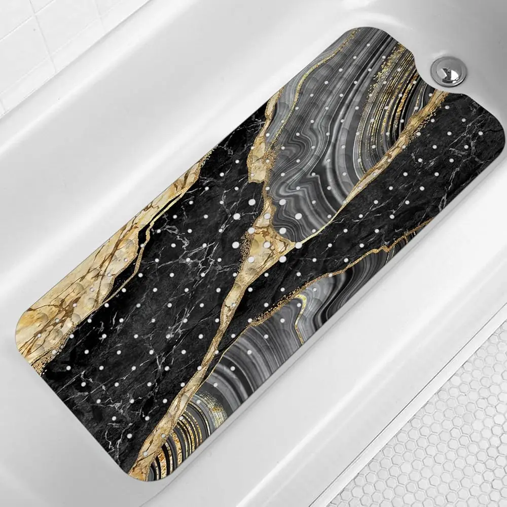

Противоскользящий коврик для ванной из мрамора, удлиненный 40 x 16 дюймов, черно-золотой, роскошный мраморный коврик для душа