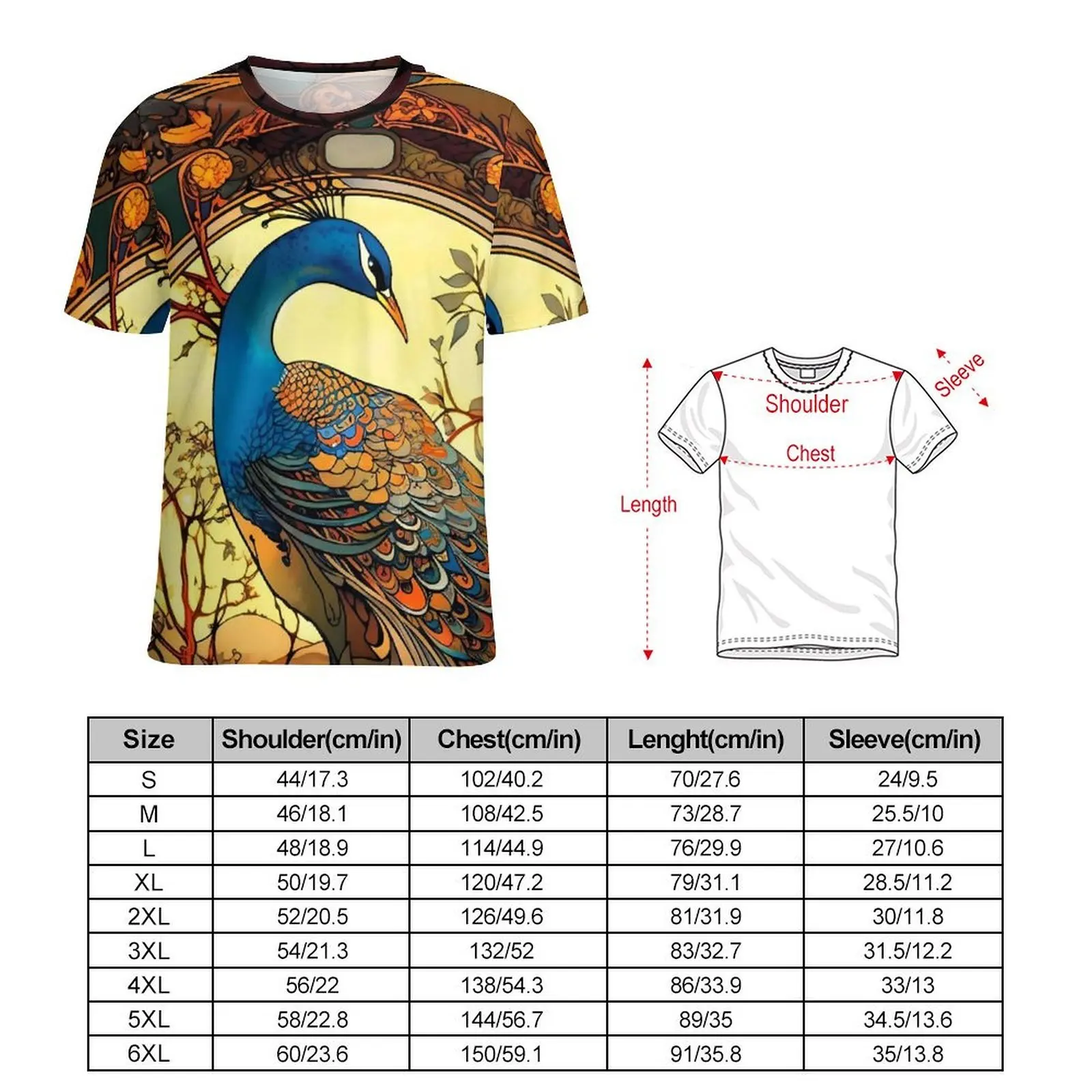 Peacock T-Shirt Traditional Vintage Art Fashion T-Shirts Man Classic Tee Shirt Beach Short Sleeve Design Tops Plus Size 6XL