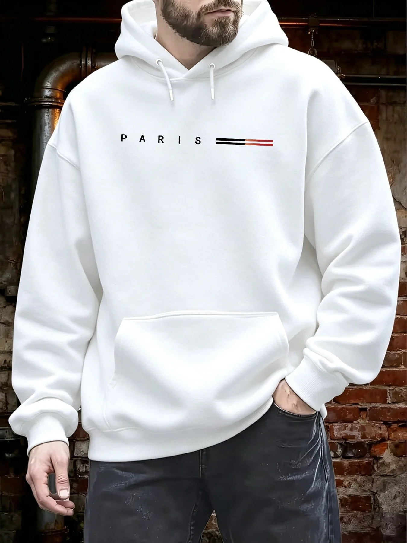 Men's Paris Letter Print Gradient Casual Sporty Long Sleeve Crew Neck Pullover Machine Washable Hoodie