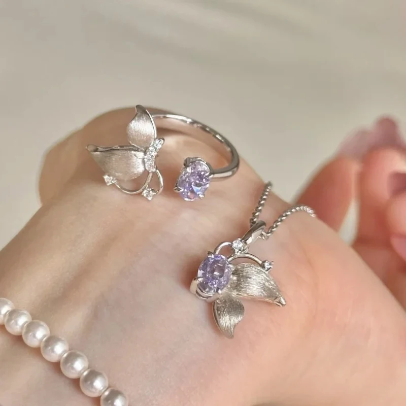 Wire drawing butterfly jewelry sets Romantic silver 925 exquisite amethyst necklace for women Purple ring Luxury High quality