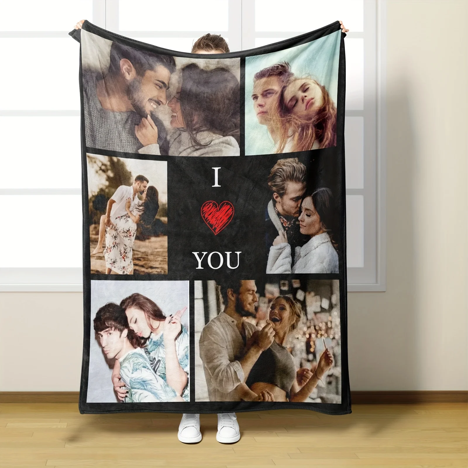 Custom Photo Blanket Personalized Valentine's Day Couple Photo Flannel Blanket Soft Warm for All Seasons Perfect for Bed Sofa