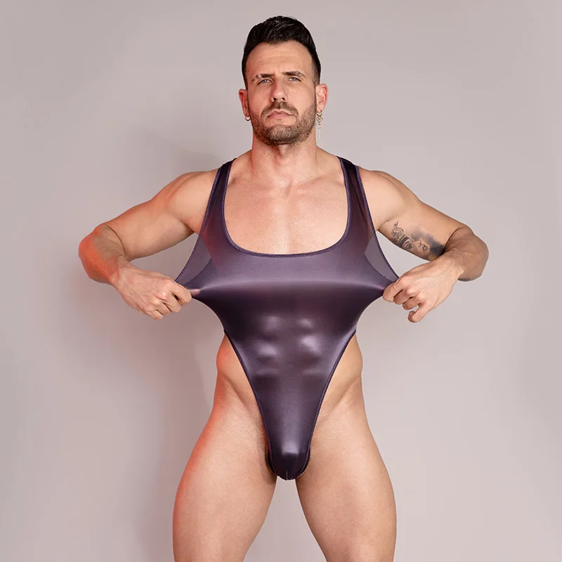 Sexy Shiny Glossy Deep U Neck High Cut Thong Mens Leotard Bodysuit Jumpsuit Underwear One-Piece Swimwear Sex Porn Clothes