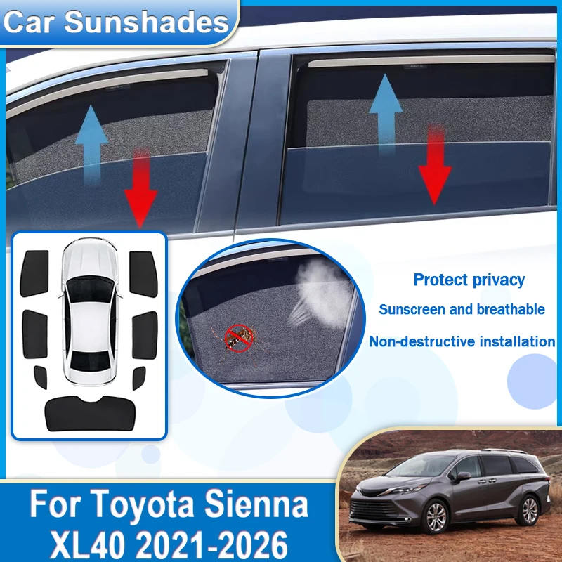 Auto Mesh Sunshade For Toyota Sienna XL40 2025 Accessories 2021-2026 Car Window Sun Visors Sunshades Sun Shades Privacy Curtains