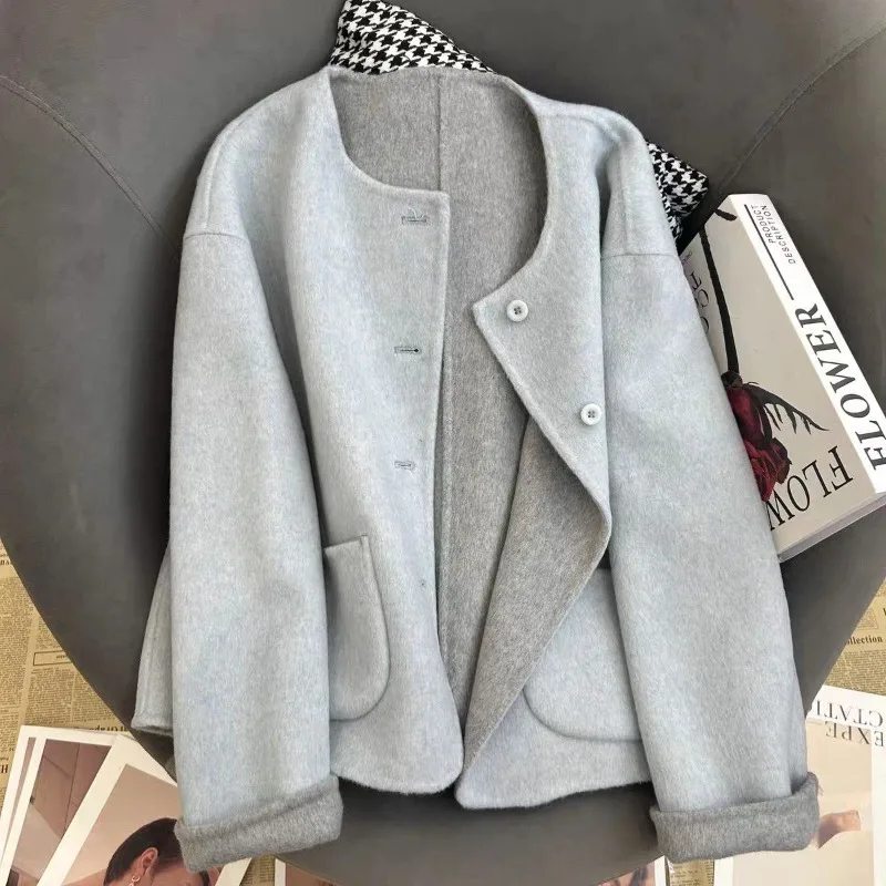2026 New Model Women Oversized Wool Blend Coat Collarless Button Long Sleeve Loose Pocket Cropped Warm Jacket Autumn Winter