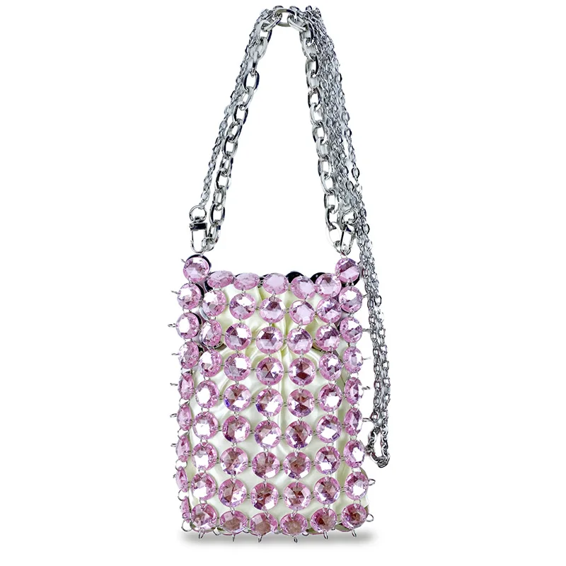 Woman Bag Candy-colored Clear Crystal Rhinestone Crossbody Bag Luxury Design Hand Woven Hollow Out Small  Mobile Phone Bag 2024