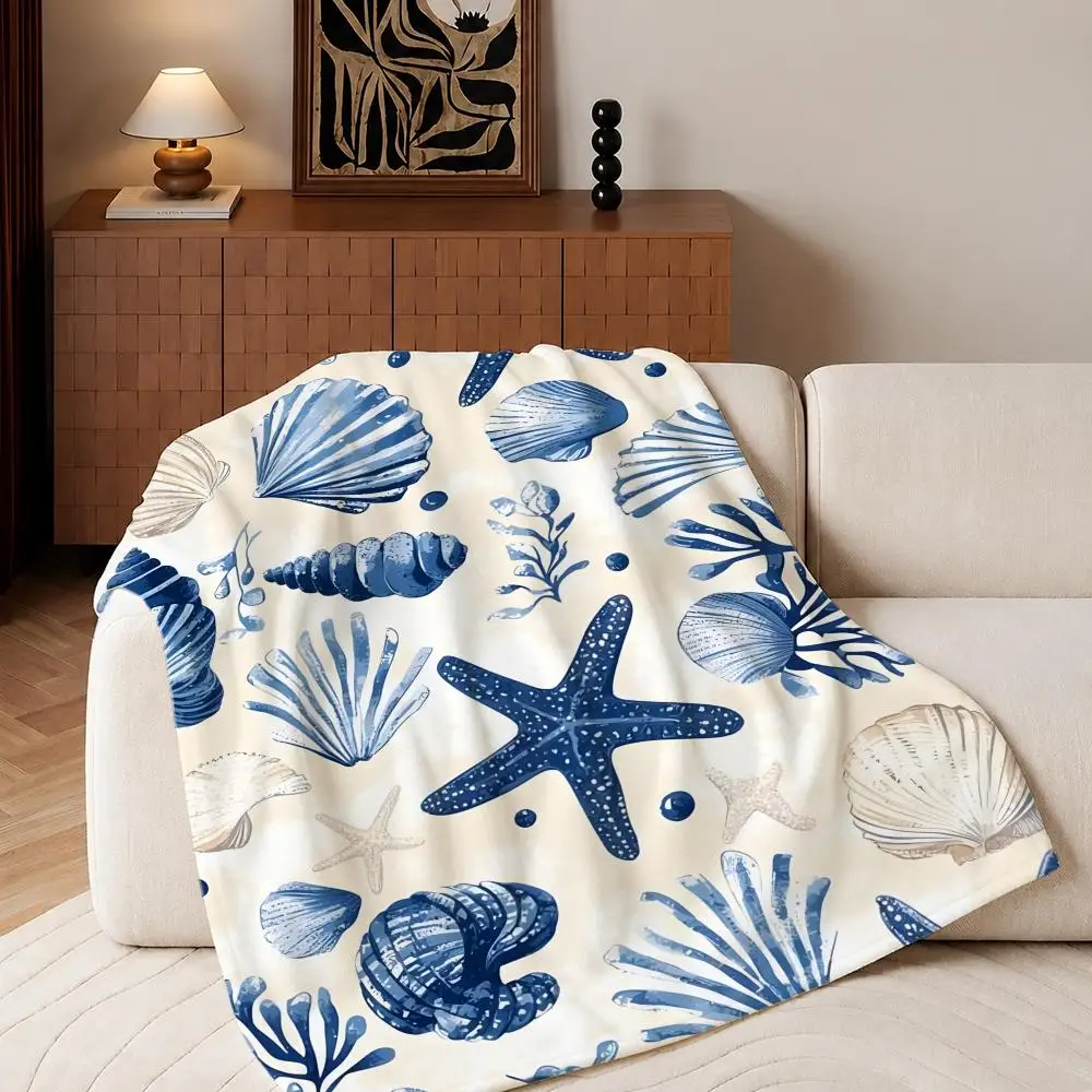 Pattern Shell starfish Throw Plush Flannel Throw Blanket, Sofa Bed Travel Picnic Home Textile Decor