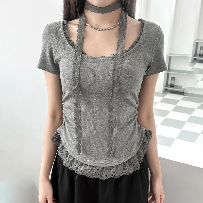 Chic Simple Lace Spliced Causal T-shirt For Women Solid Color Sexy Shirring Short Tee With Ribbon Summer Grey O-neck Tops Blouse