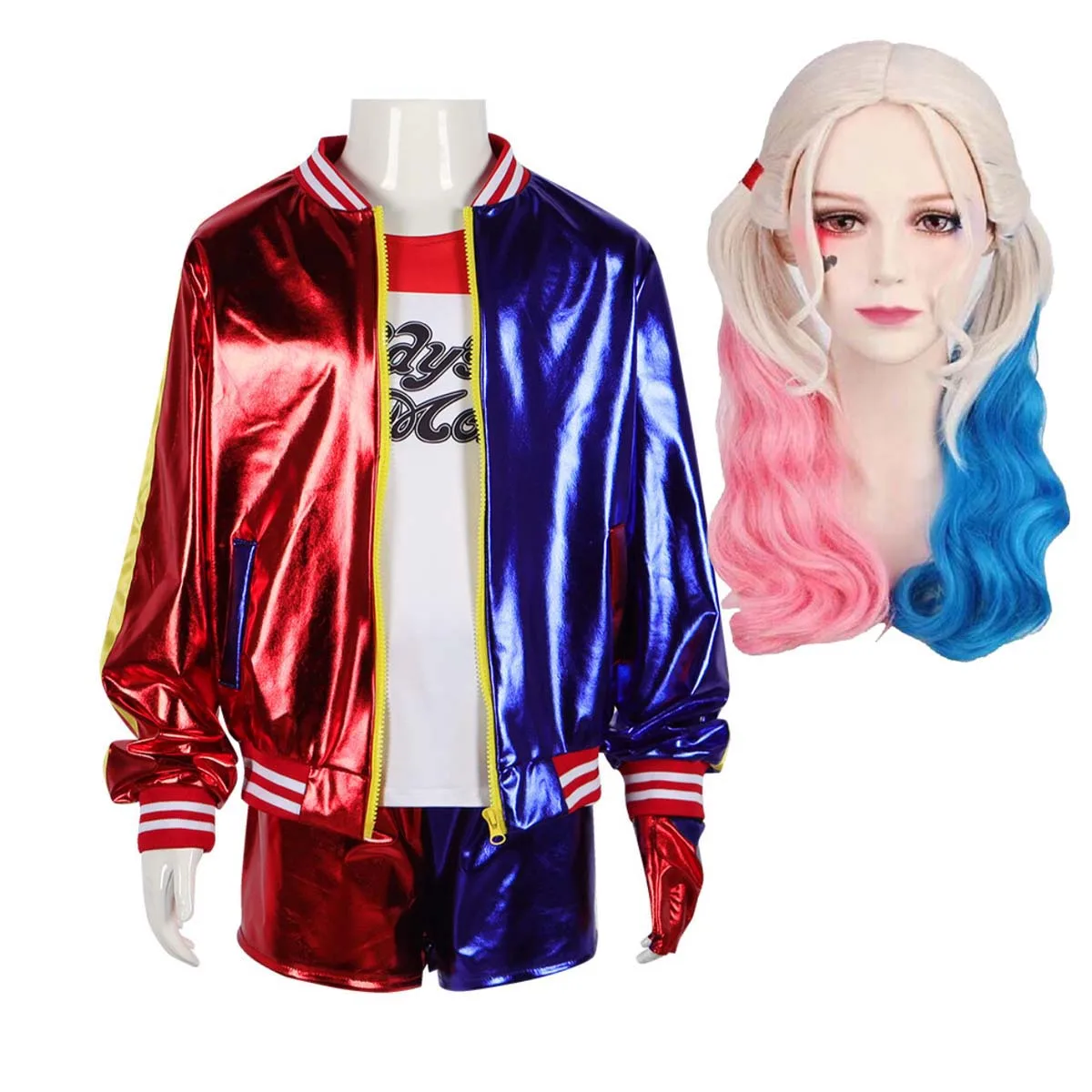 Frauen Mädchen Anime Dress Up Suicide Harley Quinn Crop T-Shirt Joker Jacke Hosen Handschuhe Set Kostüm oder Perücke