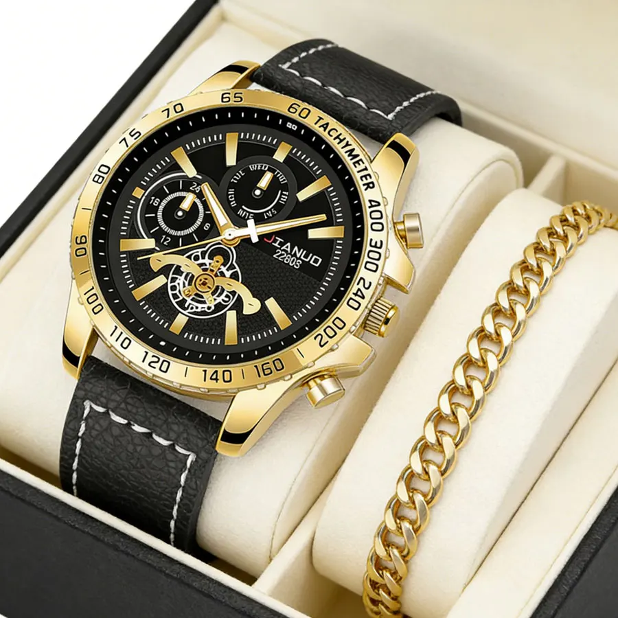 Trendy fashion men's watches, large dial, personalized belt scale, casual business 2-piece quartz watch for men