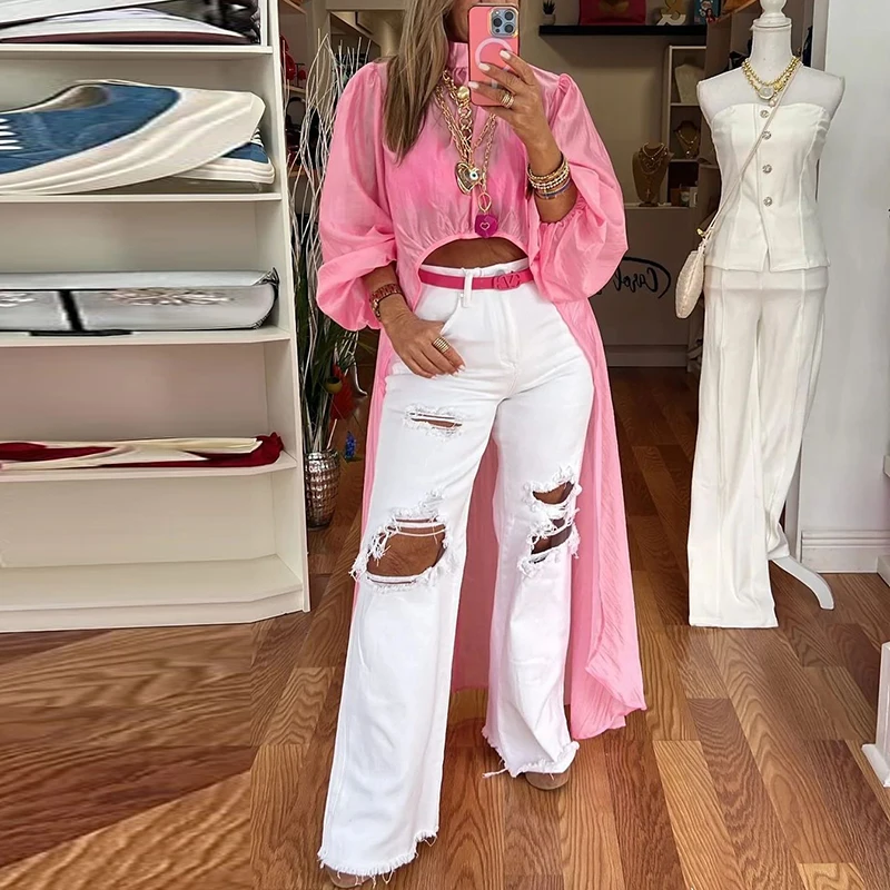 

Spring Summer Thin Perspective Irregular Pullover Fashion O-neck Puff Long Sleeved Women's Top Macaron Color Loose Hem Blouses