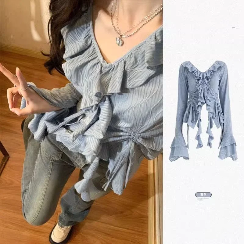 

Новый дизайн, тонкая возрастная рубашка с v-образным вырезом и рюшами, топ с длинными рукавами для женщин