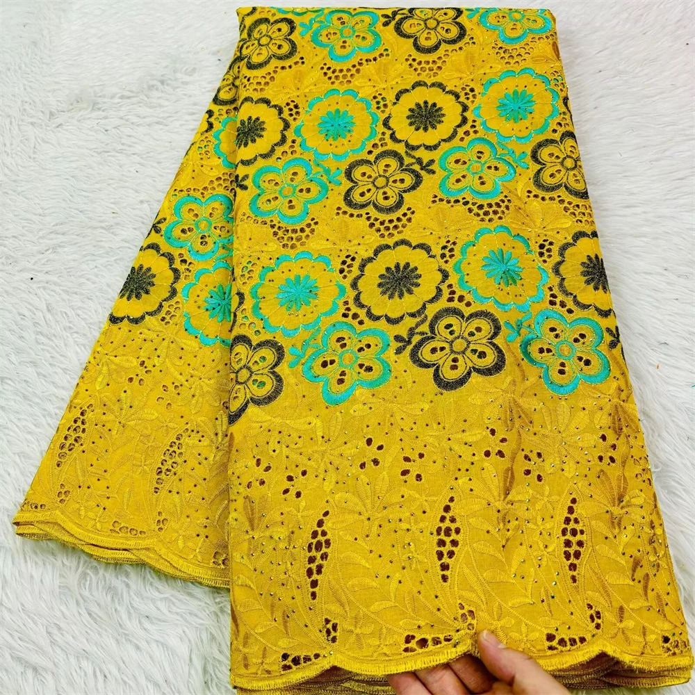 Yellow African Cotton Dry Fabric Swiss Voile Lace Cloth Nigerian Embroidery Material Tissu Africain Broderie Coton For Dress NC2