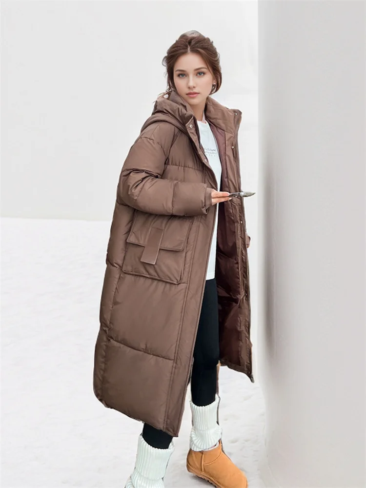 2024 New Woman Down Jacket Winter Long Coat Hooded Big Pockets Fashion Warm Thick Zipper Coat Woman Winter Overcoat