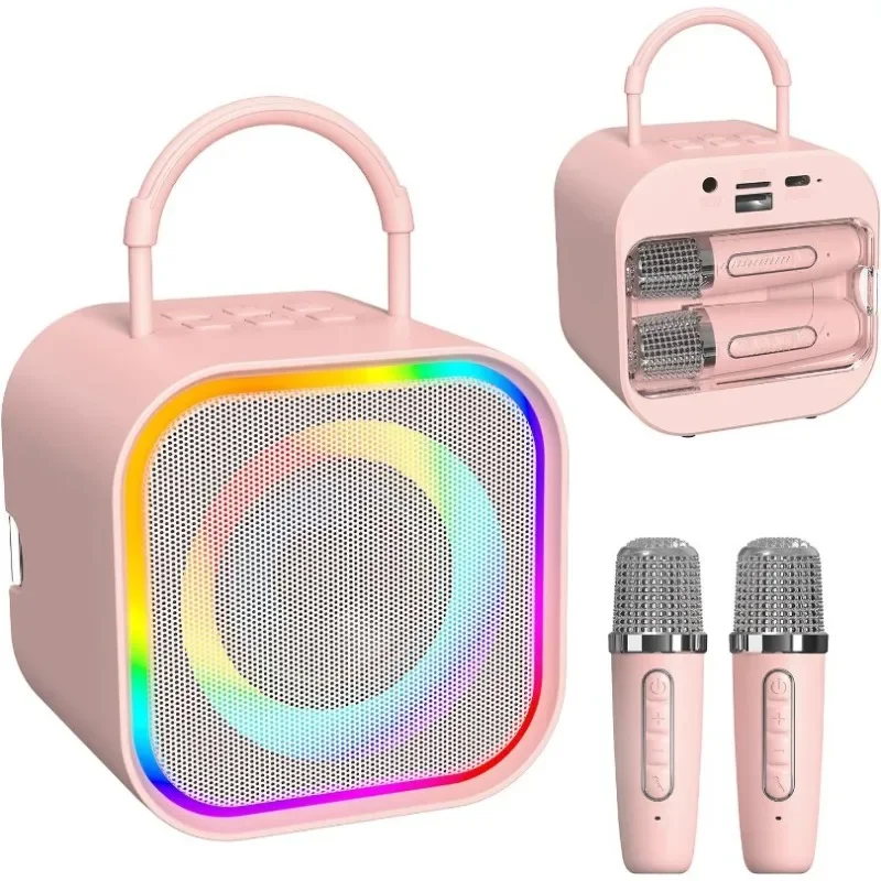 

New Outdoor Portable Home Karaoke Bluetooth Speaker with 2 Hidden Wireless Microphone Ambient Light Heavy Bass Mini TF Usb Sound
