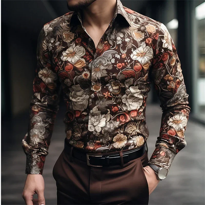 Men's Rose Printed 3D Printed Shirt Outdoor Street Long Sleeve Collar Fashion Designer Casual