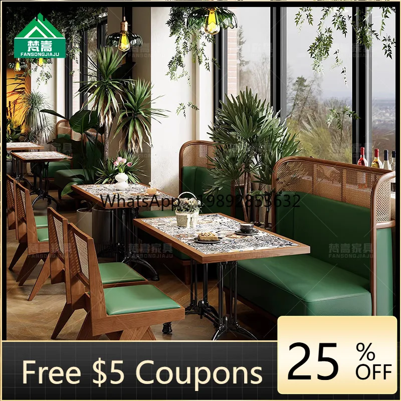 

Theme Restaurant Booth Sofa Tea Hunan Cuisine Restaurant Chinese Rattan Table and Chair Set