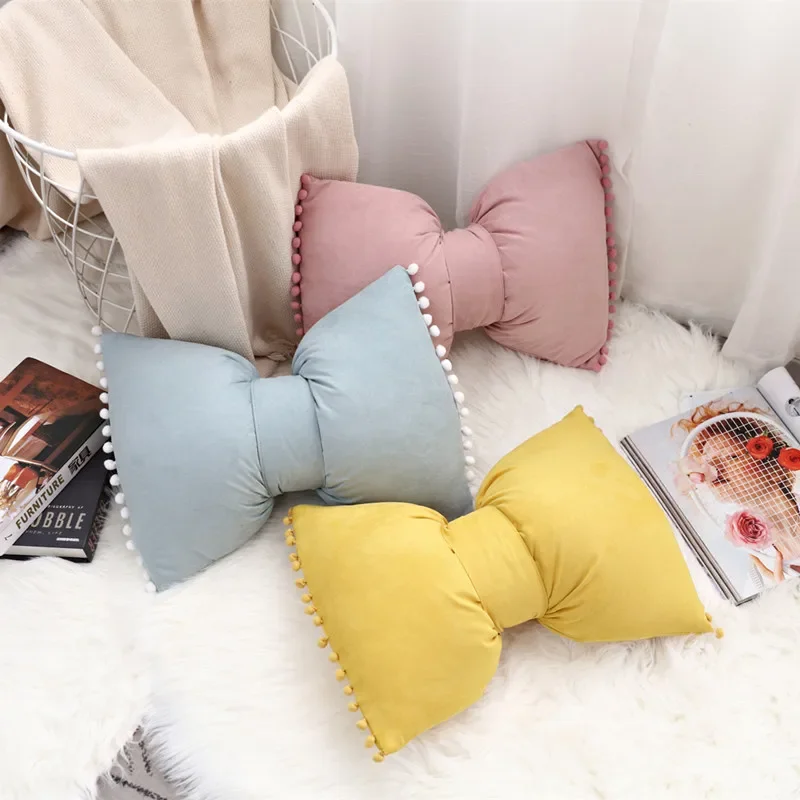 Cilected Nordic Ins Cute Bow Cushion Solid Color Princess Seat Chair Cushion Sofa Decorative Throw Pillows Pompom Cushions