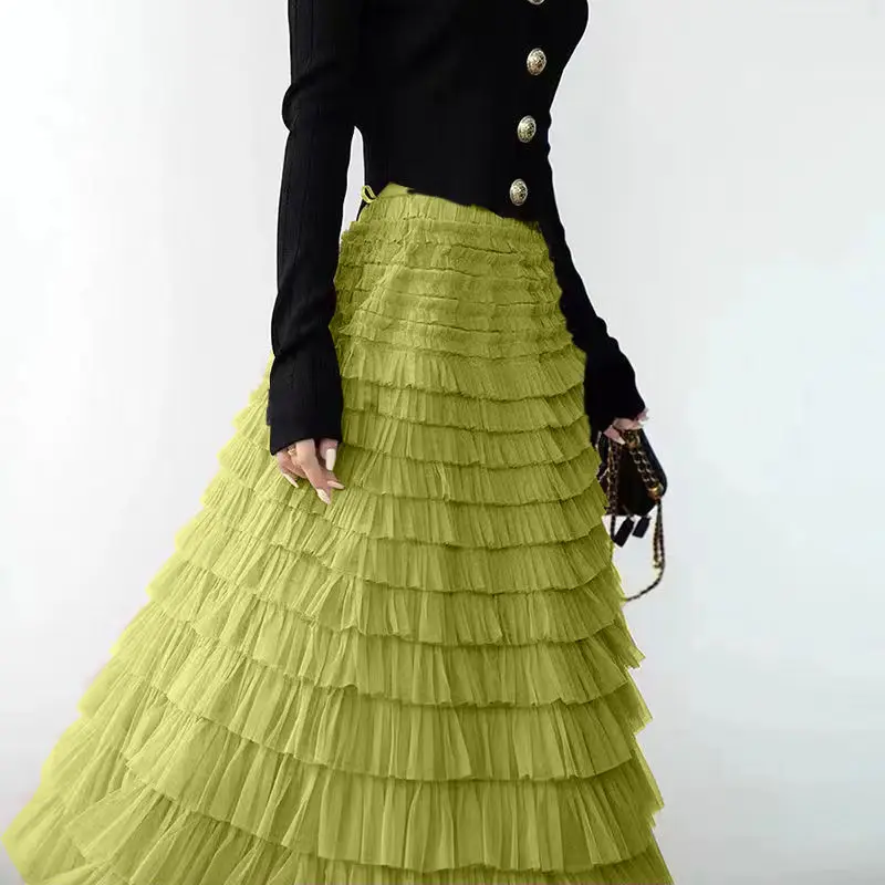 Sommer Frühling Damen Mehrschichtiger Rüschen Tüllrock Plissee Hohe Taille Flauschiger Maxirock Feenkuchenkleid Langer Tutu Partyrock – Detail 8