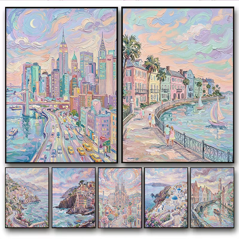 Pastel Fantasy Romantic Manhattan Italy Spain Skyline City Travel Abstract Poster Canvas Painting Wall Art Pictures Home Decor