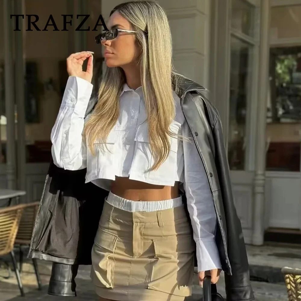 TRAFZA 2024 Spring Casual Women Short Shirts Fashion Streetwear Solid Pockets Turn Down Collar Single Breasted Chic Short Shirts