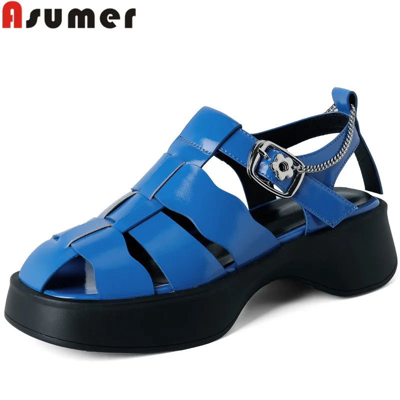 

ASUMER 2022 New Buckle Strap Square Med Heels Platfrom Sandals Genuine Leather Modern Women Sandals Ladies Dress Shoes