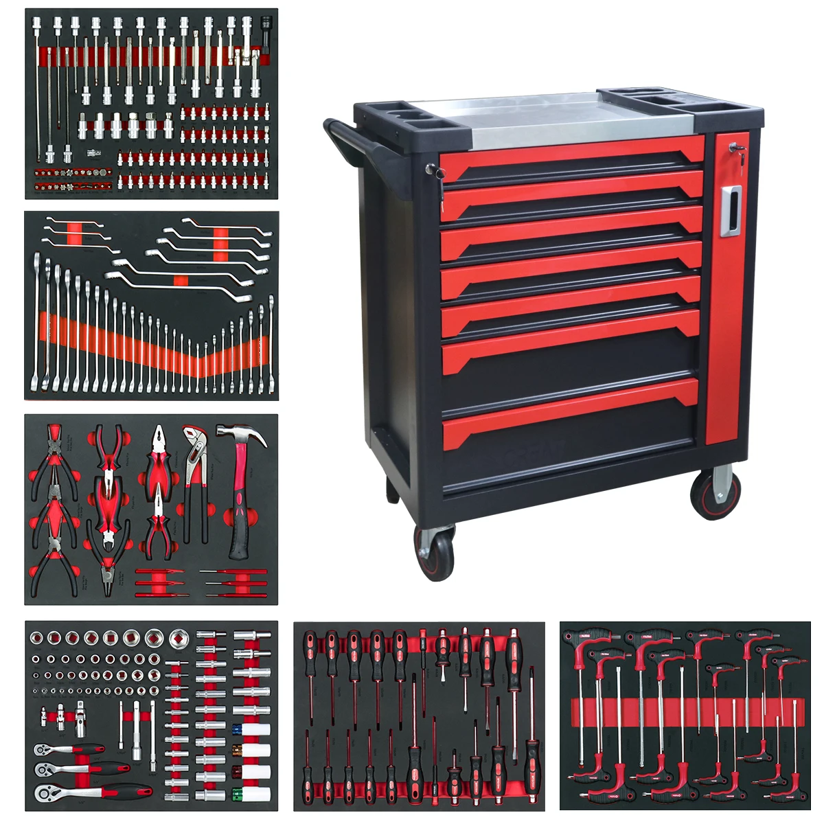 273pcs CrV Steel Mechanic Tool Set 7 Drawer Lockable Rolling Tool Trolley With EVA Foam Trays For Auto Repair Workshop