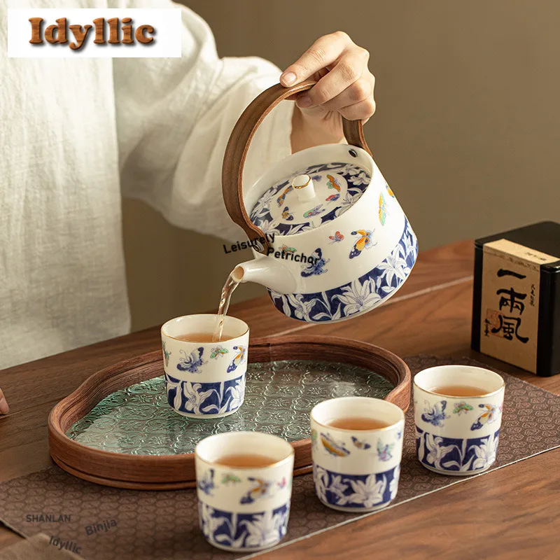 Jade Porcelain Blue And White Butterfly Dance Tea Set Complete Set Boutique Tea Ceremony Set Teapot And Tea Cup Set For Tea Gift