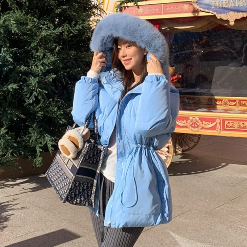 معطف نسائي شتوي من القطن Jaet بياقة من الفرو المزيف معطف دافئ متوسط الطول بياقة كبيرة من الفرو ملابس كورية للتنقل #4