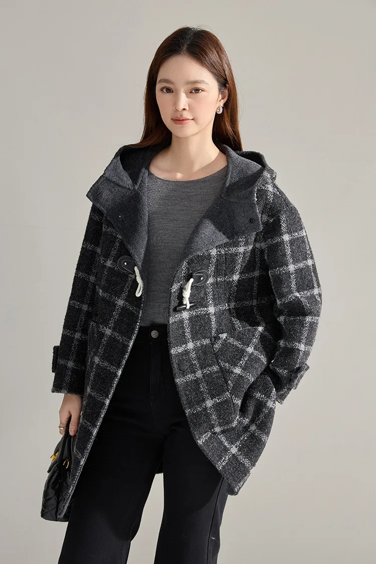 Allingentle Woolen Women's Suit Long Coat Plaid Jacket Fashion Blazer for Casual Office Customize