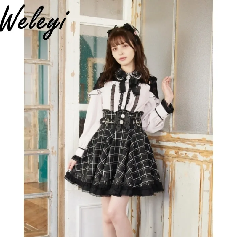 

Women Japanese Sweet Jirai Kei Skirt Autumn Versatile Cute New Mine Series Mass Production Ribbon Bow Diamond Pearl Buckle Jupes