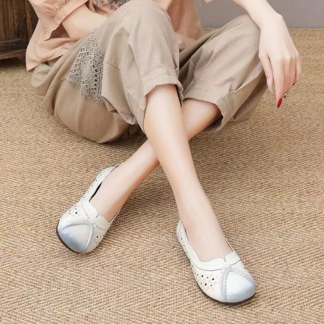 New hollow out ballet flats women's retro slip on shallow shoes woman genuine leather moccasins ladies soft top quality loafers
