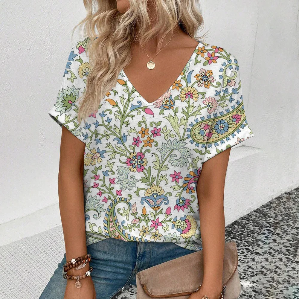 Funny 3D Print Pattern Women's T-Shirt Casual V-neck Short Sleeve Tee Summer Loose Female Clothing Fashion Comfortable Girl Tops