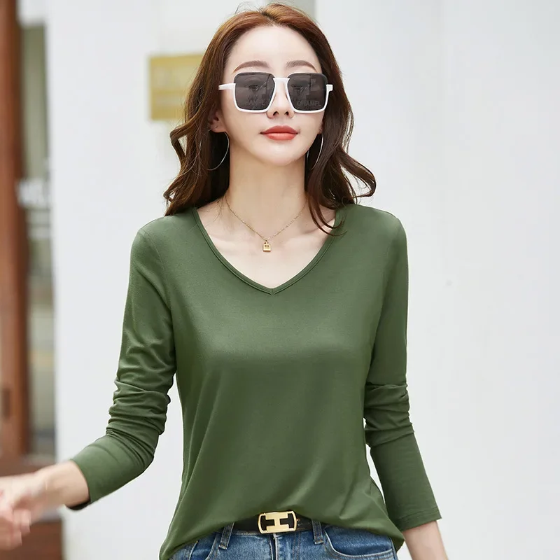 

New Elastic And Thin Long-Sleeved Versatile Bottoming Shirt Solid Color V-Neck Casual Women's Top T-Shirt