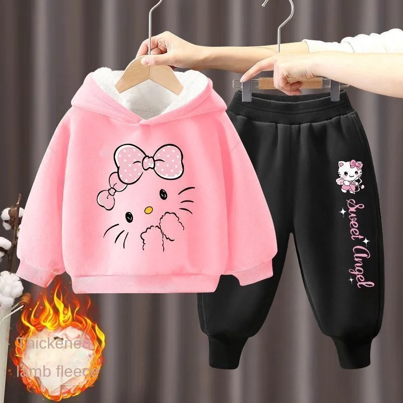 Sanrio Hello Kitty Plush Warm Children's Clothing Set for Girls Thicken Fleece Lined Sweatshirt + Pants 2 Pcs Winter Tracksuit