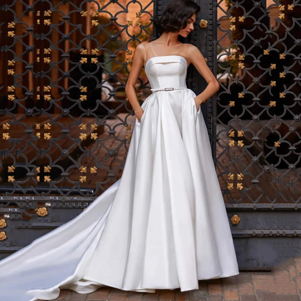 

Charming A-line Backless Bride Gown Bow Satin Sexy Square Collar Balt Sleeveless Classic Wedding Dresses свадебное платье