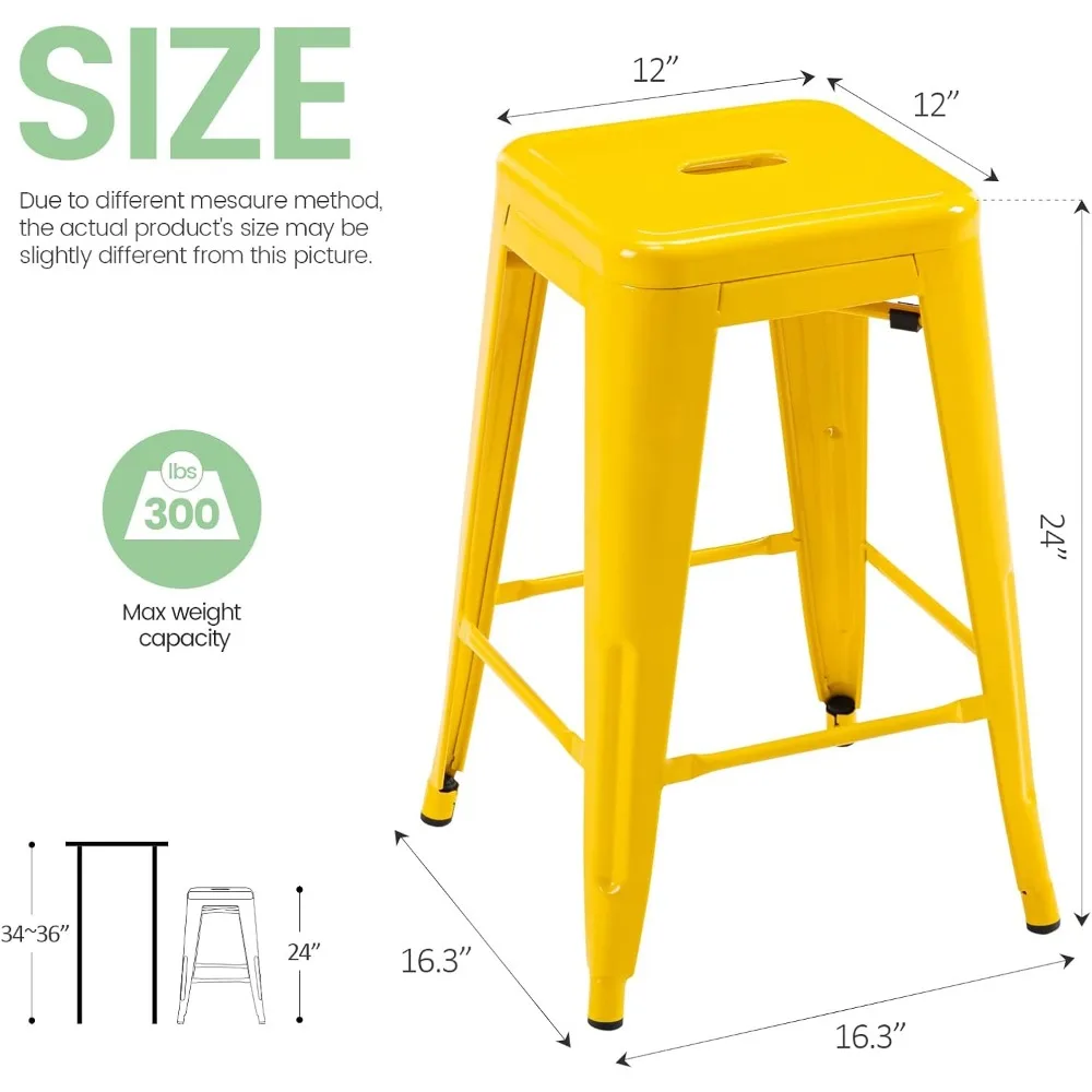 Высокие барные стулья 24 дюйма, желтые металлические барные стулья с открытой спиной, табуретки для внутреннего и наружного использования с квадратным сиденьем, набор из 4 шт.