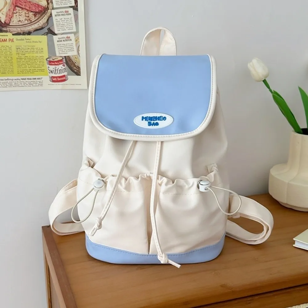 간단한 Drawstring 나일론 배낭 대용량 한국 스타일 어깨 가방 여러 포켓 다채로운 학생 학교 가방 여성
