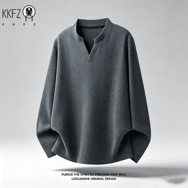 Mens Notched V Neck Long Sleeve Shirt Herringbone Woven Pattern Loose Fit For Daily Casual Occasions