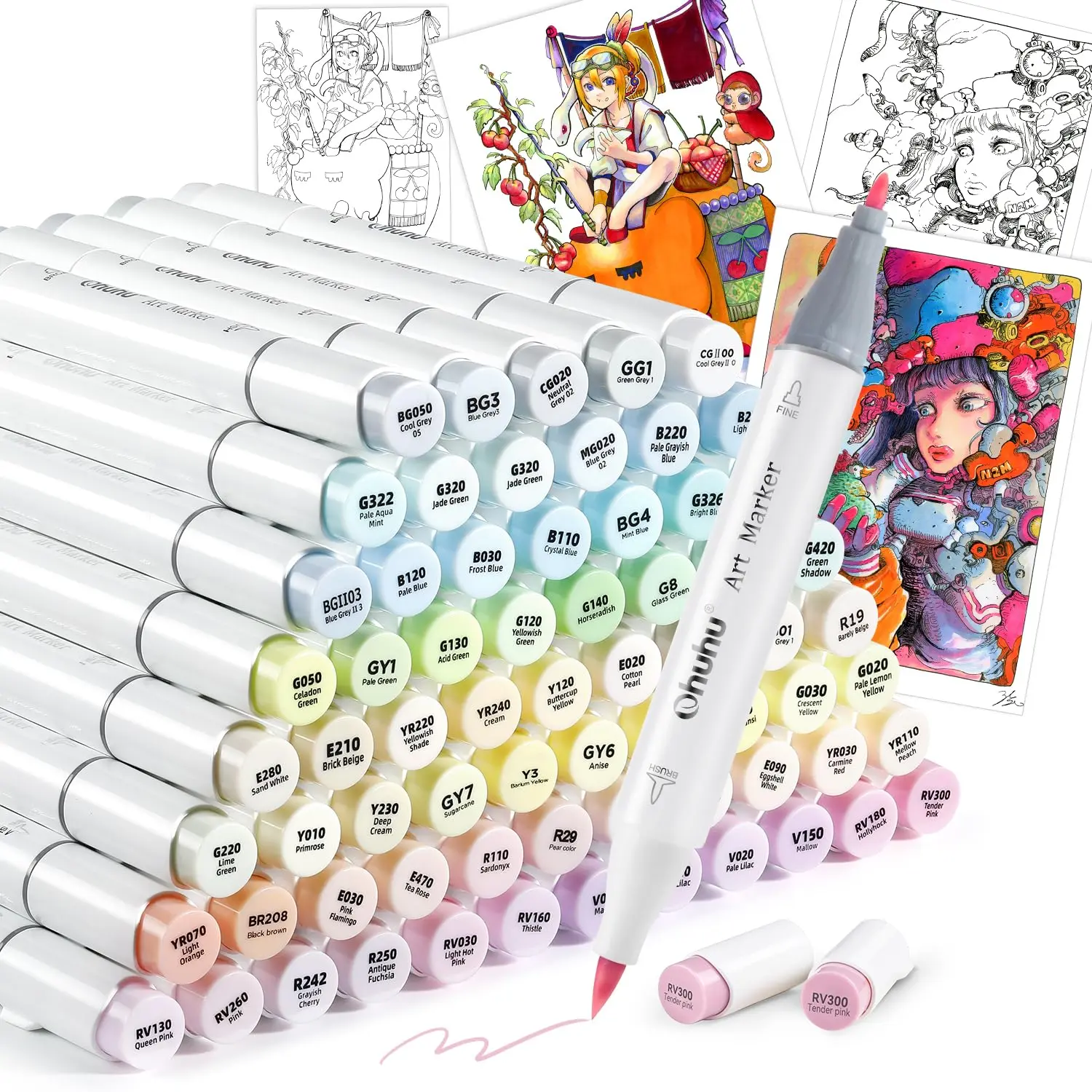 B Series Brush Marker Pen Set 96 Pastel Colors Professional Illustration Alcohol Ink Twin Tip Fine and Nib Art Drawing