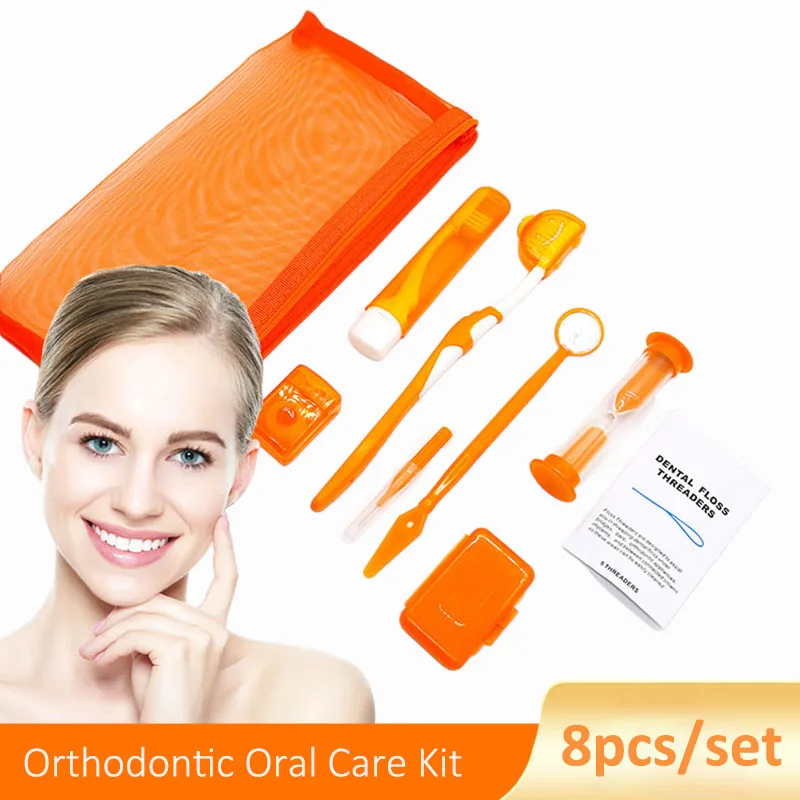 8Pcs/Set Orthodontic Oral Care Kit Toothbrush Protective Wax Dental Floss Mouth Mirror Interdental Brush Oral Care Tools