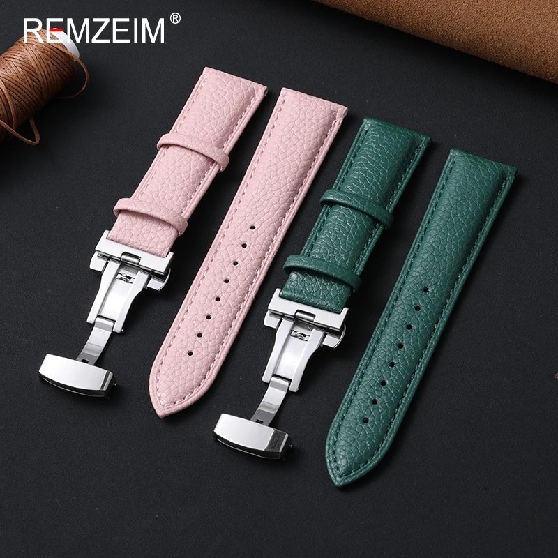 Leather Watch Strap with Butterfly Clasp 18mm 20mm 22mm Watchband Blue Brown Green Pink White Men Women High Quality Bracelet