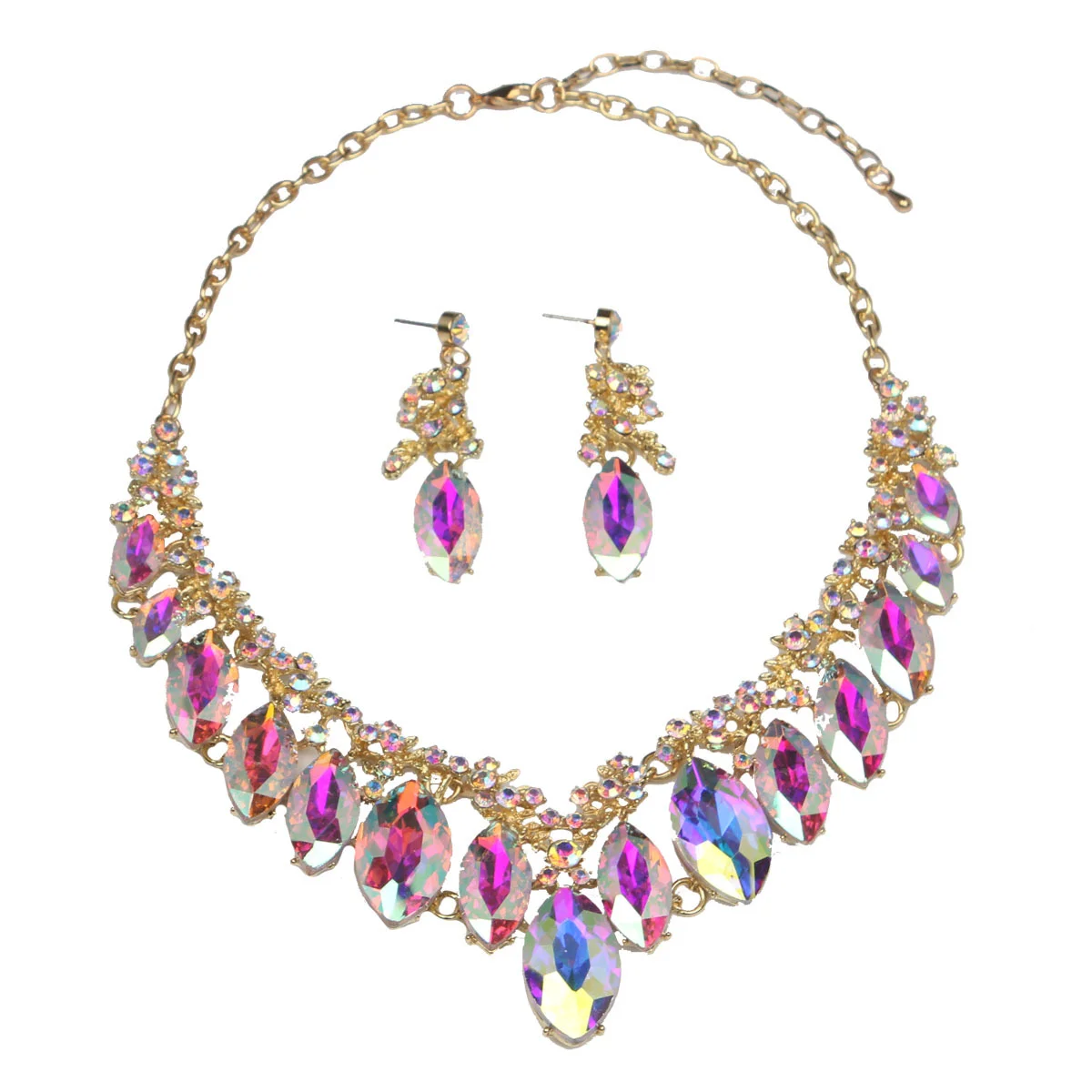 2 pieces stainless steel large gemstone necklace and earrings set. High-quality waterproof jewelry. Birthday gift