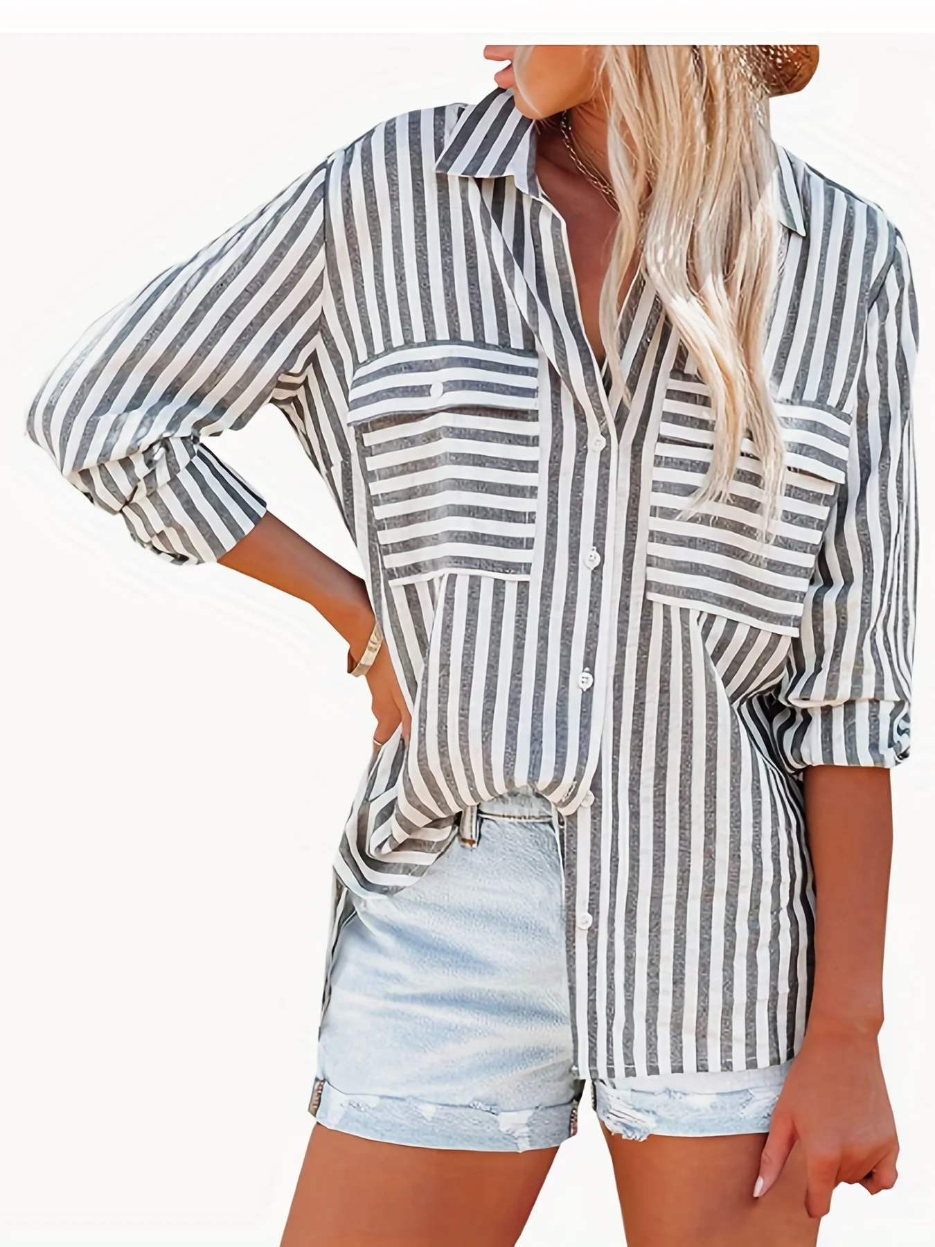 Plus Size Button Down Shirts for Women Roll up Long Sleeve Casual Striped Blouses Loose Fit Linen Tshirt Tops with Pockets