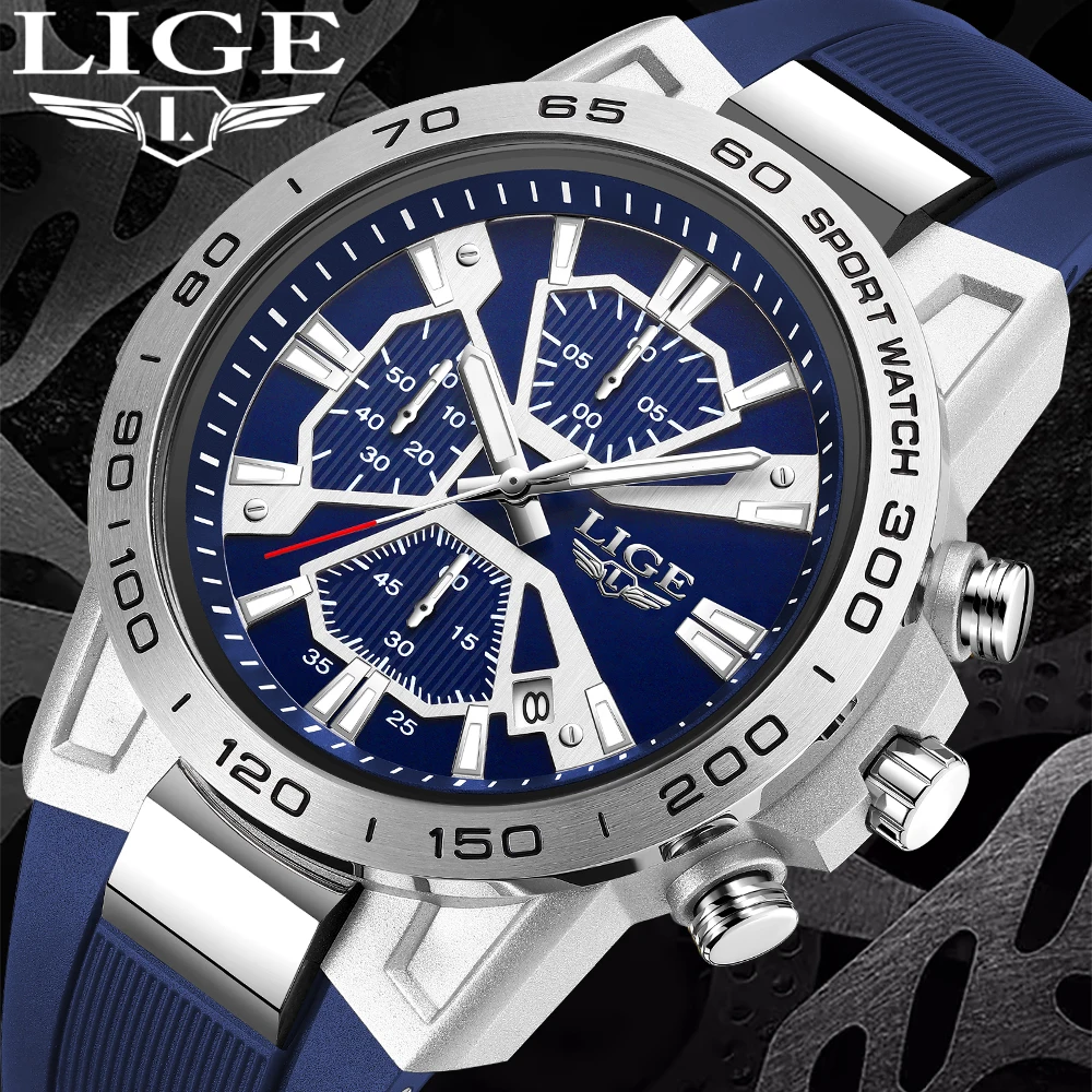 

2024 LIGE Mens Watches Top Brand Luxury Blue Silicone Chronograph Sport Watch For Men Fashion Date Waterproof Watch Reloj Hombre