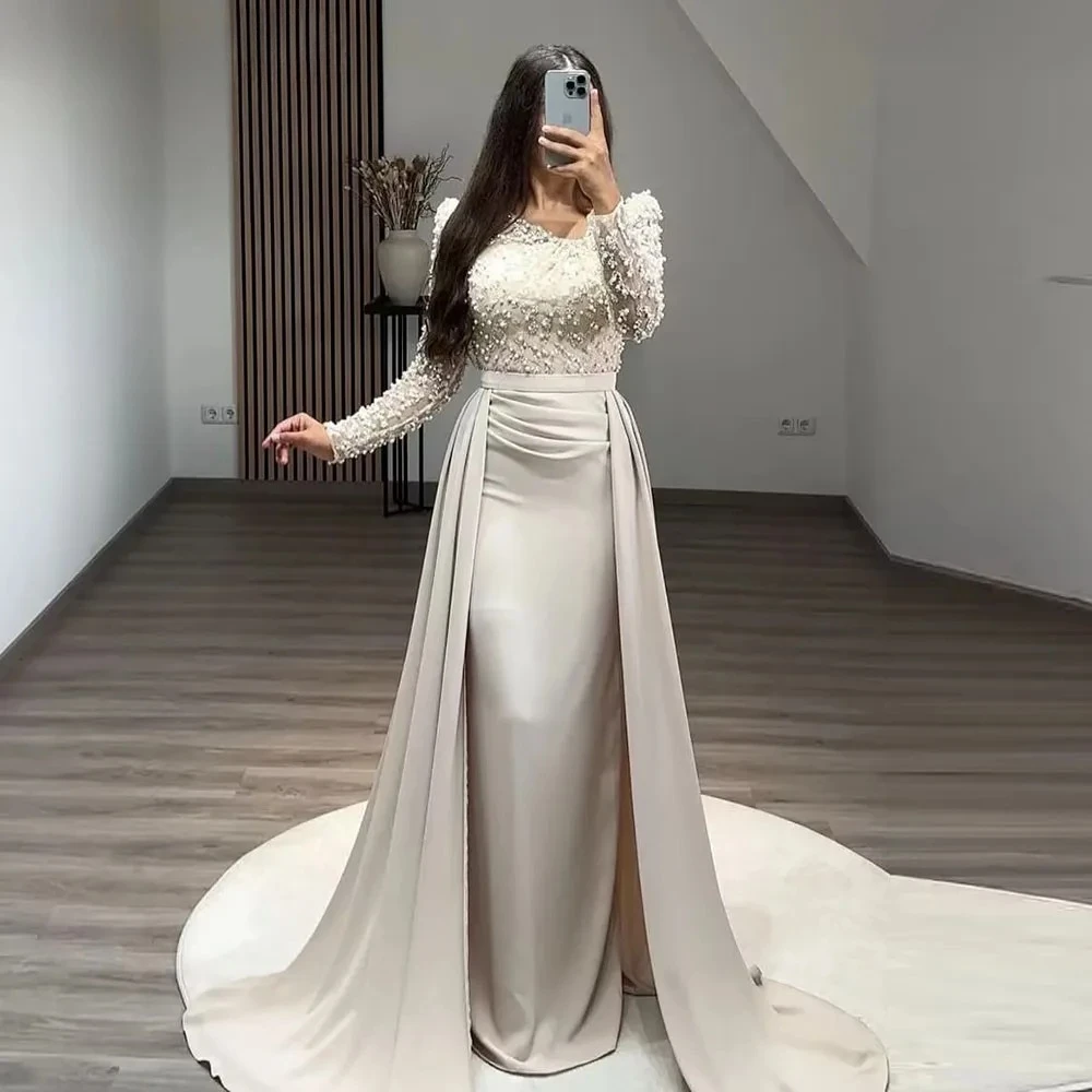 

Exquisite Evening Dress Floor Length Mermaid Long Sleeves Evening Gown Fashion Sequined Pearls Wedding Party Dress Customized