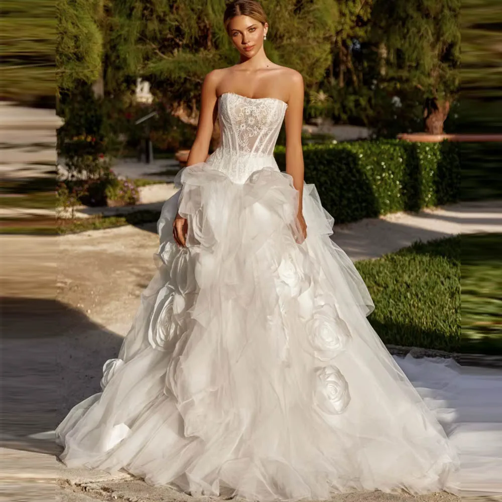 Personalizado romântico elegante 3d flor renda longo vestido de casamento para mulher noiva sonhador sem alças a linha encantador vestido de noiva