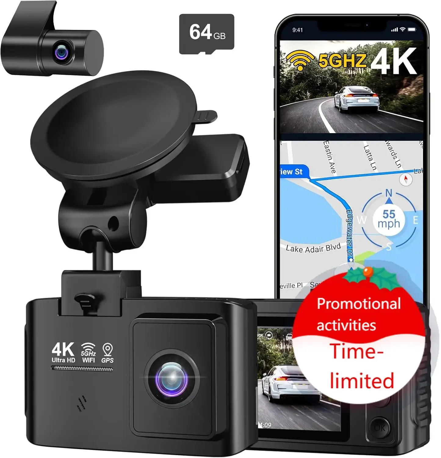 Dash Cam Front and Rear: 4K+2.5K Dual Channel Dash Cam-5GHz WiFi, GPS Dash Camera for Cars with 64GB Card, 2.0