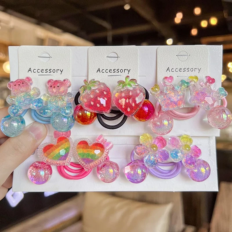 2PCS New Lovely Colorful Crown Bear Girls Elastic Hair Bands Hair Accessories Children Hair Ties Baby Headwear