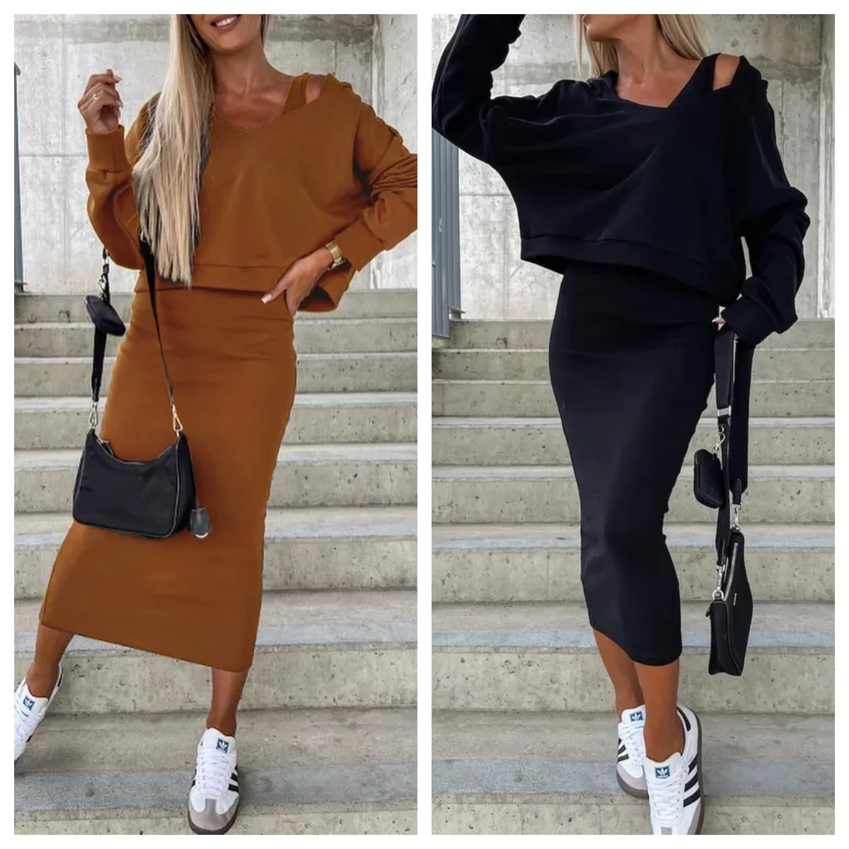 2Pcs/Set Women Dress Hoodie Set Solid Color Autumn Winter Casual Outfit V-neck Sleeveless Bodycon Vest Dress