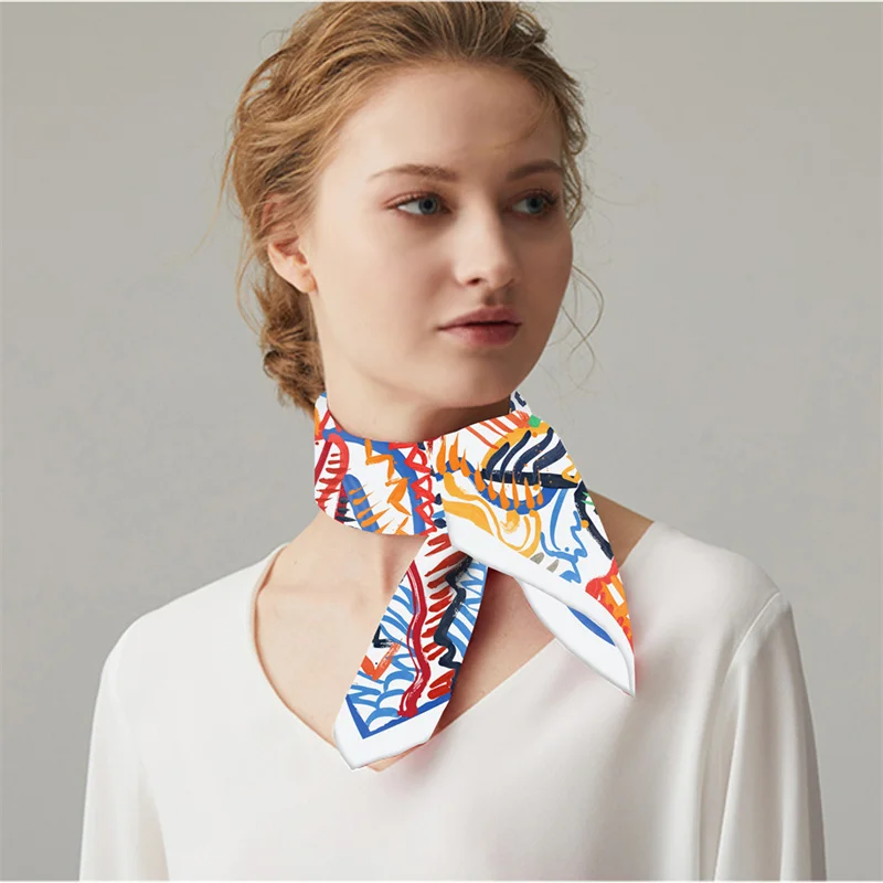 Twill Silk Scarf Woman Graffiti Print Square Scarves Wraps Bandana Small Hijab Silk Foulards Tie Headband Neckerchief 53CM